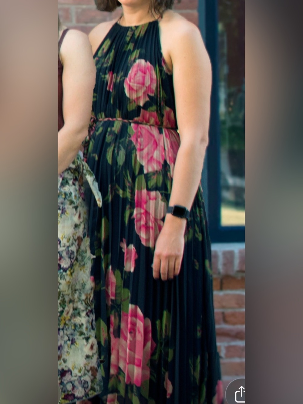Anthropologie Floral Pleated Black Maxi Dress with Pink Rose Print